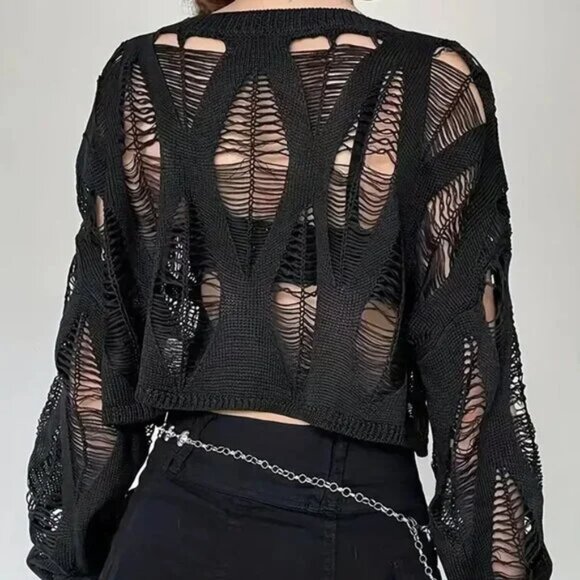 Grunge Cutout Cropped Long Sleeve Sweater Top - Picture 2 of 3